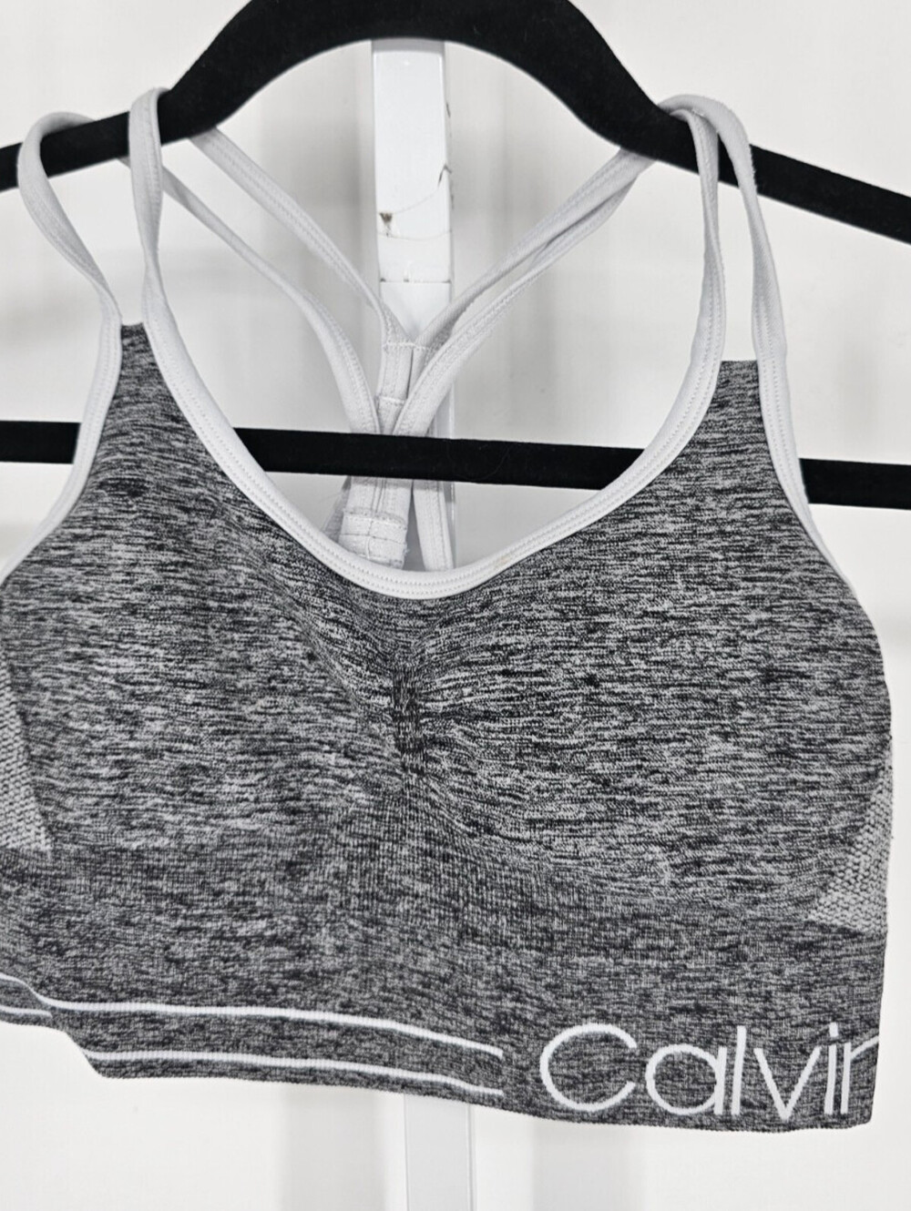 Calvin Klein Womens Sz S High Impact Sports Bra Cross Back Gray White